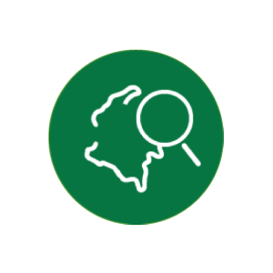 Icono fondo verde con mapa de colombia y lupa