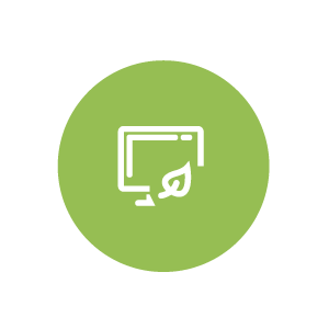 Icono fondo verde con un computador y una hoja de árbol