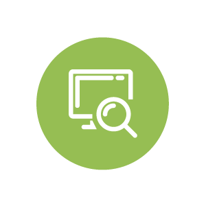 Icono fondo verde con un computador y una lupa