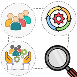 Icono lupa, manos y usuarios